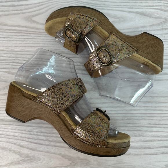 Dansko Sophie Slide Sandals WMNS 38 Wedge Brown Iridescent Grain Leather Slip on - Picture 2 of 8